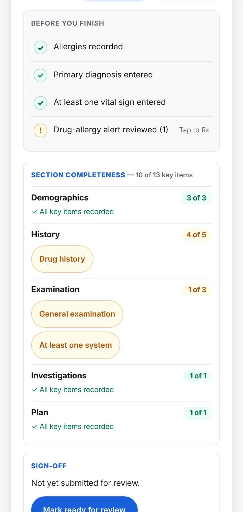 The Before you finish checklist and a section completeness list showing which parts of the history are done.