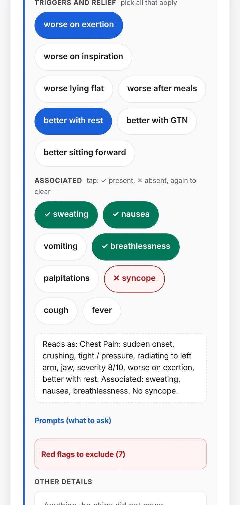 More chest pain chips, with some symptoms marked present and syncope marked absent.