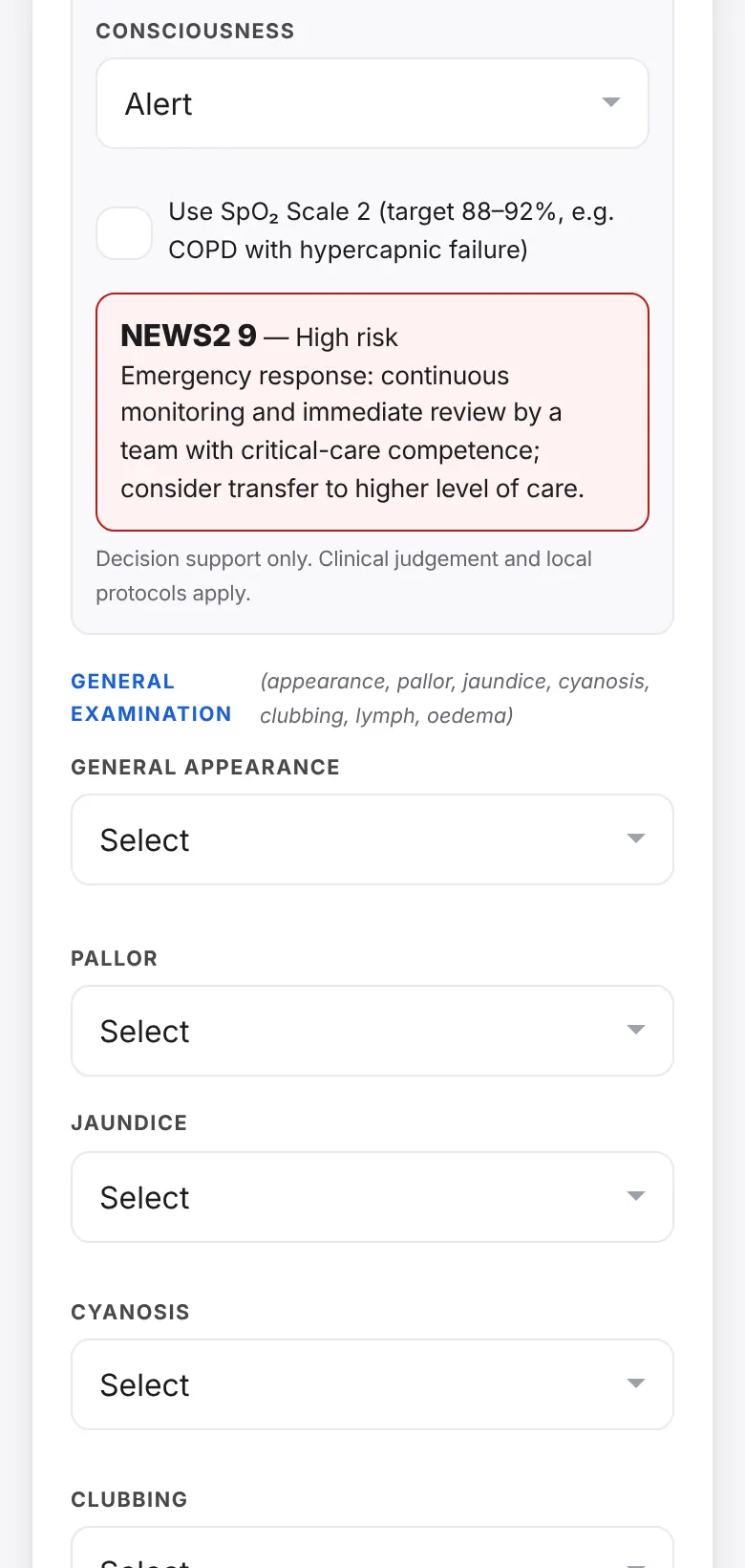 A NEWS2 score of 9, high risk, with the suggested emergency response shown under the vital signs.